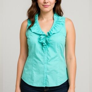 Lane Bryant Size 18 Turquoise Ruffle V-Neck Blouse Sleeveless.